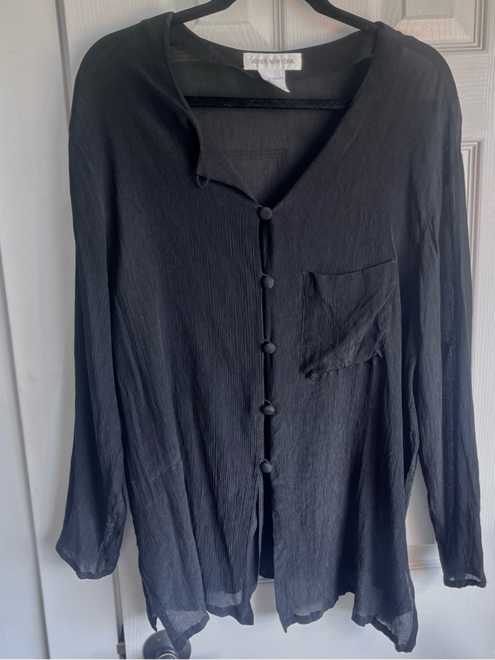 Black Gauzy Silk Textured Button Front Blouse